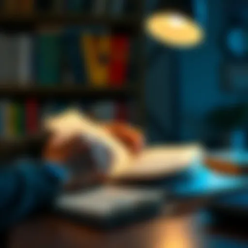 A person studying with an open book, taking notes, and using colorful visuals on a desk