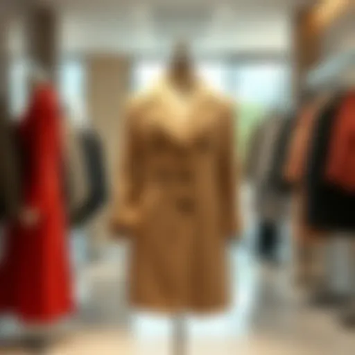 A chic and luxurious coat displayed on a mannequin in a bright boutique setting, showcasing high-quality fabric and design