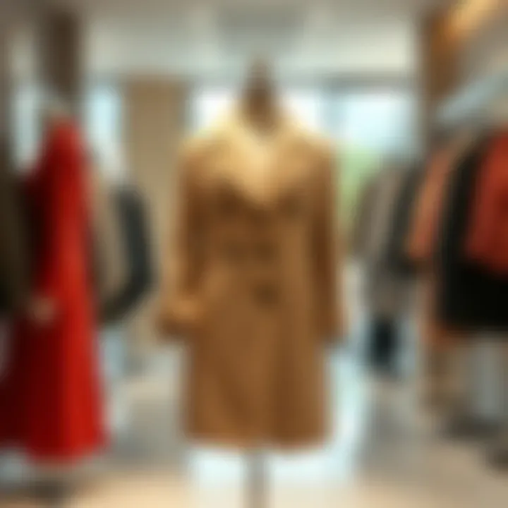 A chic and luxurious coat displayed on a mannequin in a bright boutique setting, showcasing high-quality fabric and design
