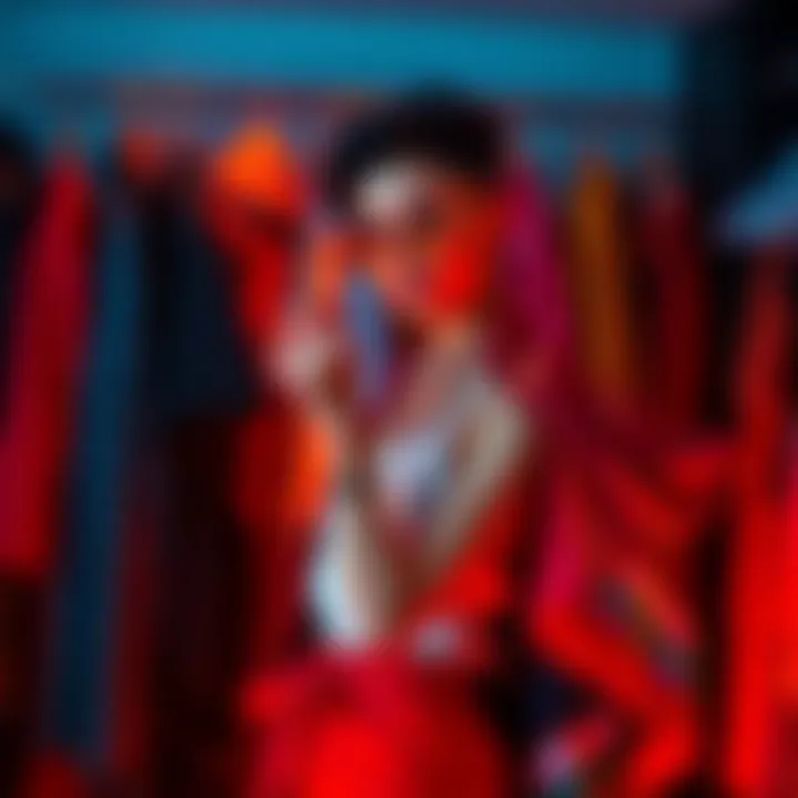 A person choosing an outfit for a special night out, showcasing flamboyant clothing and accessories.