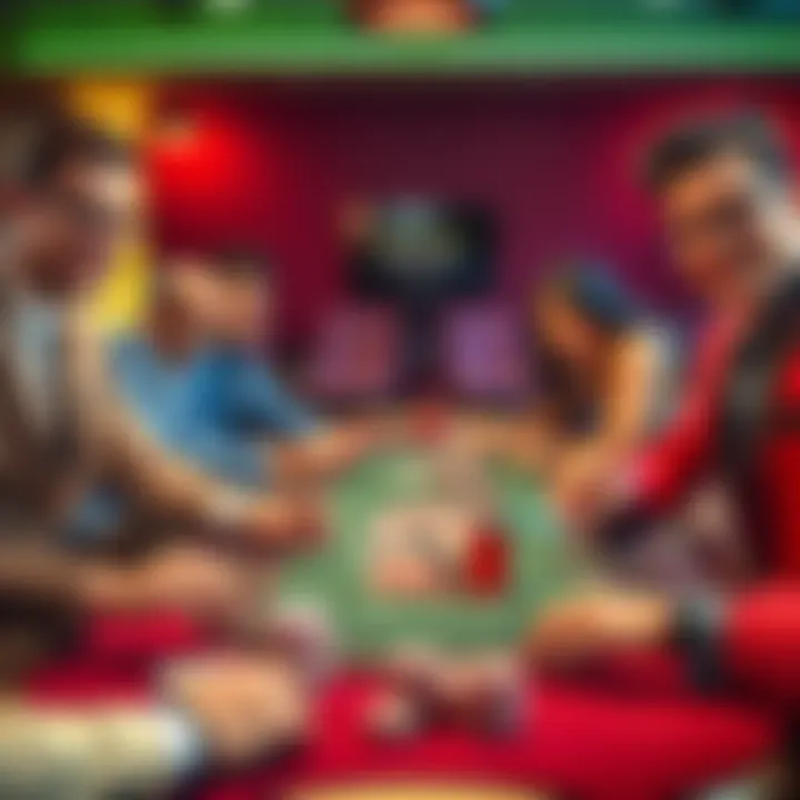 A group of well-dressed poker players engaging in a game at a vibrant table, showcasing excitement and camaraderie.