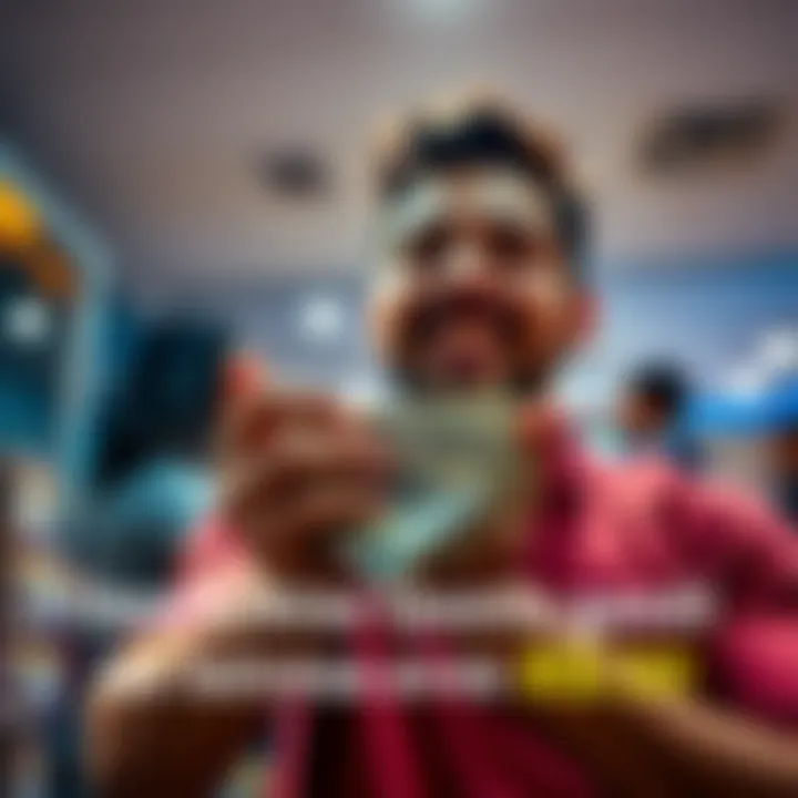 A person holding a small stack of cash with a joyful expression, symbolizing financial success from a small initial investment.