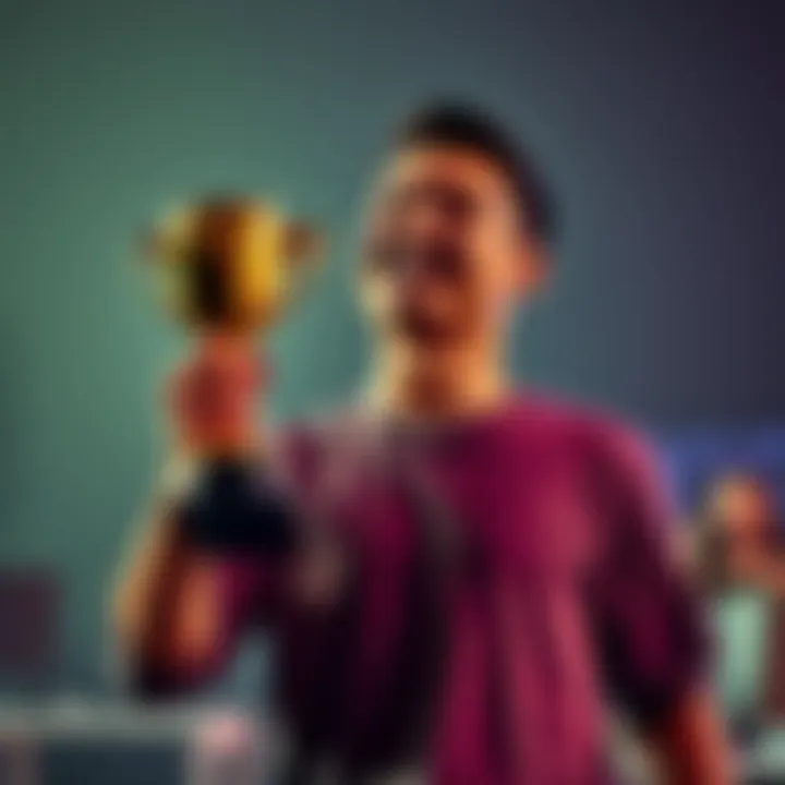 A happy individual holding a trophy, symbolizing success and transformation after overcoming gaming addiction