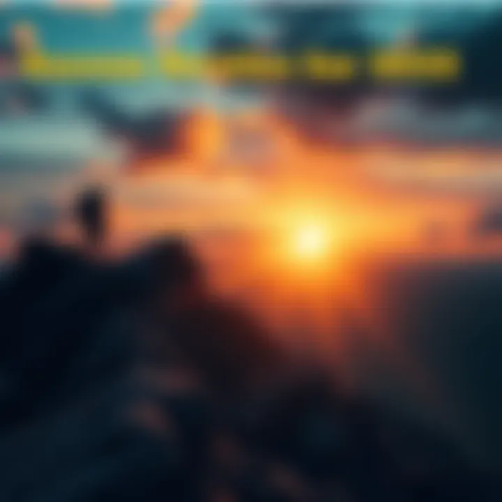 A person climbing a mountain symbolizing personal and professional growth with a sunrise in the background.