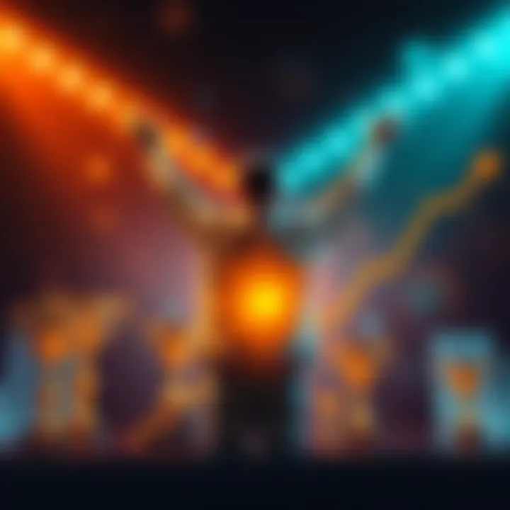 Success without Wagger A person celebrating success with arms raised, surrounded by symbols of achievement such as trophies and a graph showing upward trends.