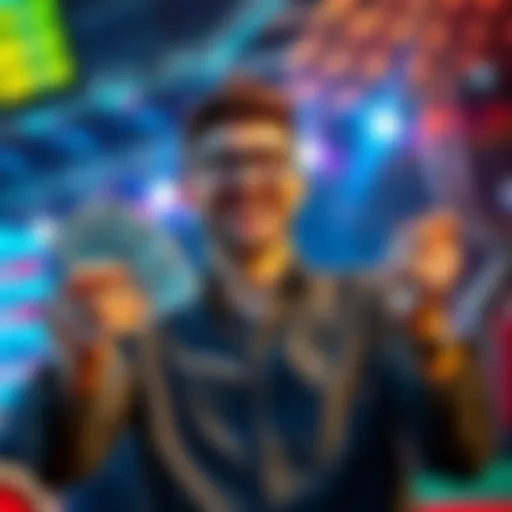 A happy bettor holding cash and celebrating a significant win, symbolizing a profit of £8k and sharing betting tips