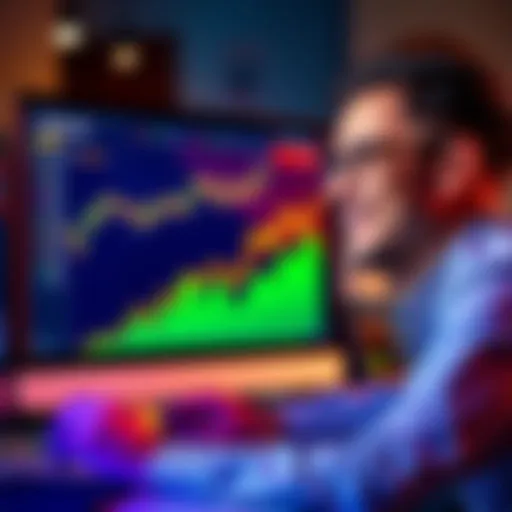 A person smiling while looking at financial growth charts on a computer screen, with dollar bills in the background.