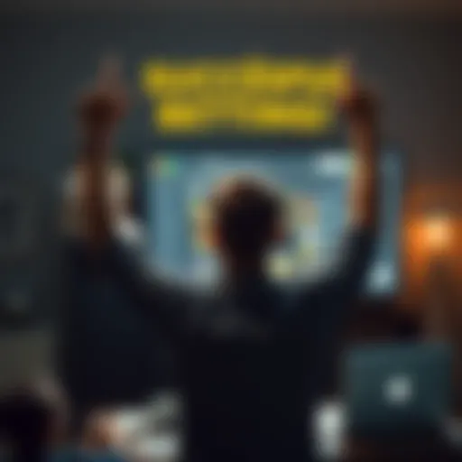 Successful Betting Story A person celebrating their financial success, holding a family photo, with a laptop showing betting tips on a forum screen in the background.