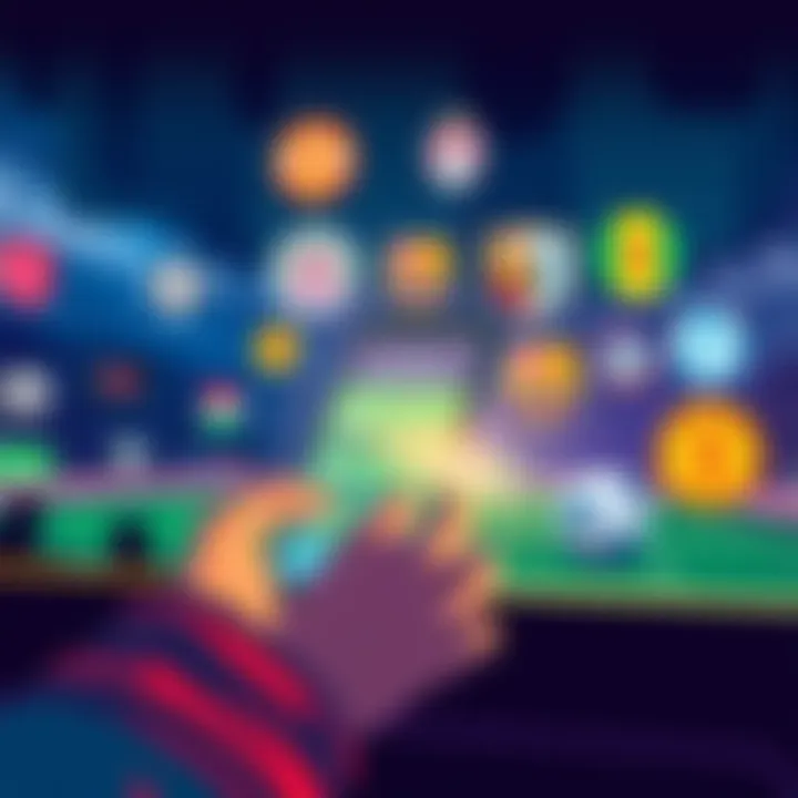 Illustration of a person placing bets on a sports event with a smartphone and sports logos in the background