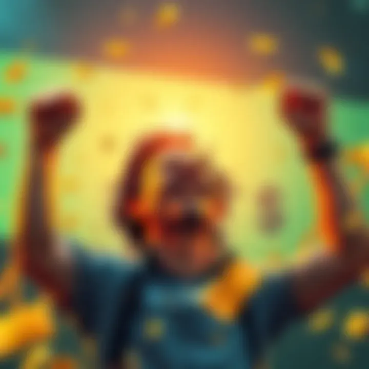 Person celebrating a betting win with a graph showing positive results and money symbols in the background