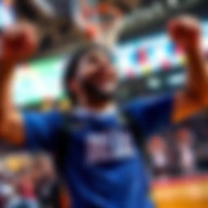 A excited bettor celebrating after successfully winning 3 out of 4 live bets, with a basketball game in the background.