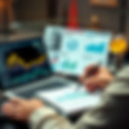 A person reviewing charts and graphs showing positive investment results with a laptop and notebook.