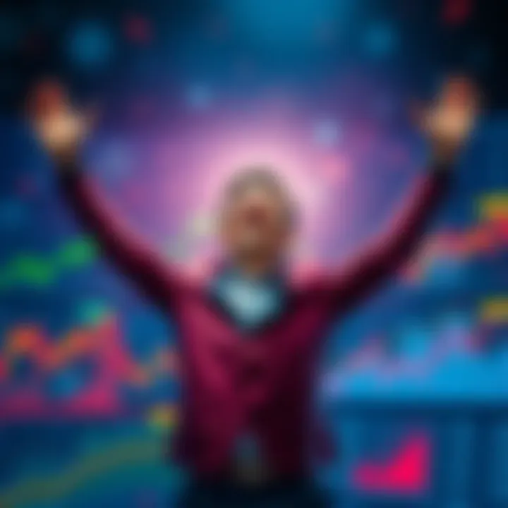 A joyful investor with arms raised in celebration, surrounded by charts and graphs showing significant financial growth.