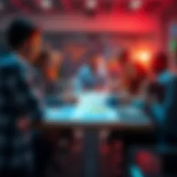 A group of diverse people discussing project success indicators around a table with charts and graphs in front of them.