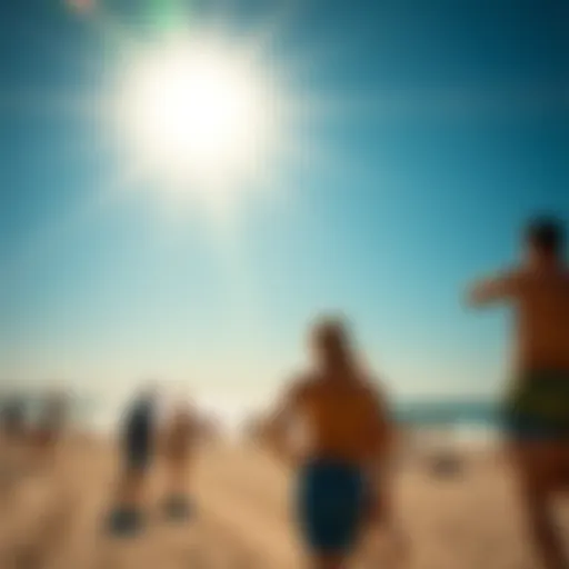 A bright sun shining over a beach with people enjoying the hot weather, showcasing a vibrant summer scene.