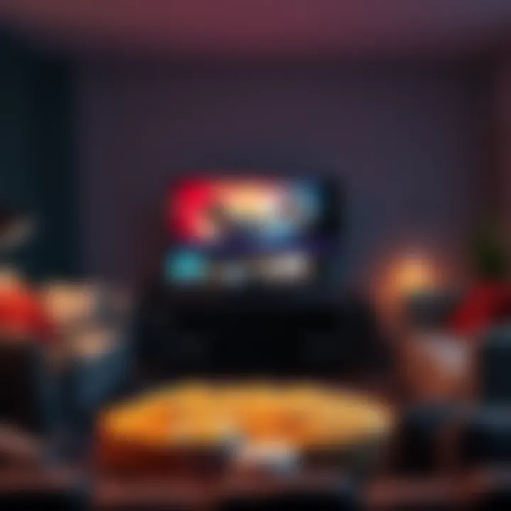 A cozy living room setup with a couch, popcorn, and a TV screen showing a movie or series, perfect for a relaxing Sunday.