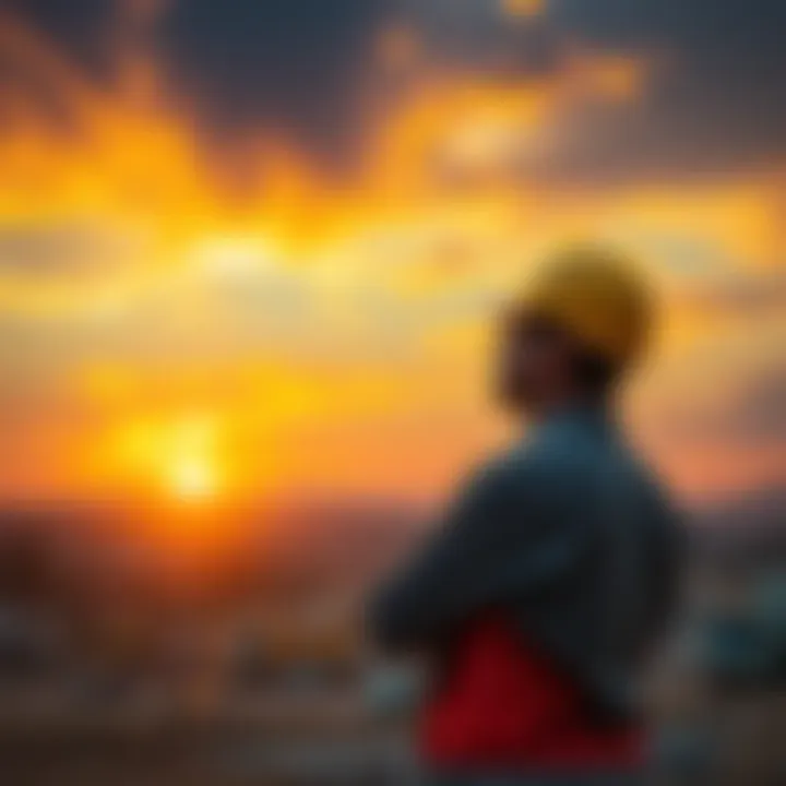 A vibrant sunrise casts warm colors in the sky as a tired but refreshed worker enjoys the view after a long night shift.