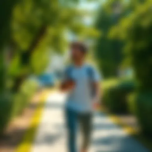 A person enjoying a sunny outdoor walk during their lunch break, surrounded by greenery.