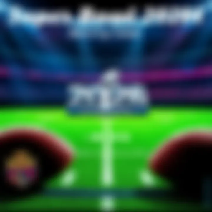 Graphic showing betting odds for Super Bowl 2026 teams with football imagery