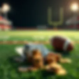 A football field with betting slips and coins, showcasing strategies for parlay bets during the Super Bowl.