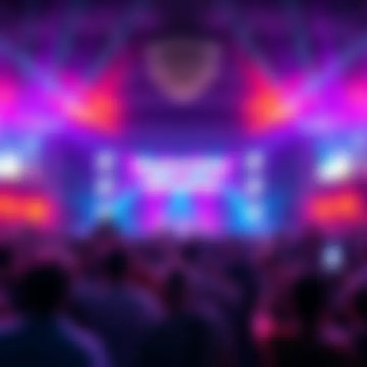 Crowd enjoying the entertainment at the Superstar Sevens FTE event with colorful lights and performers on stage