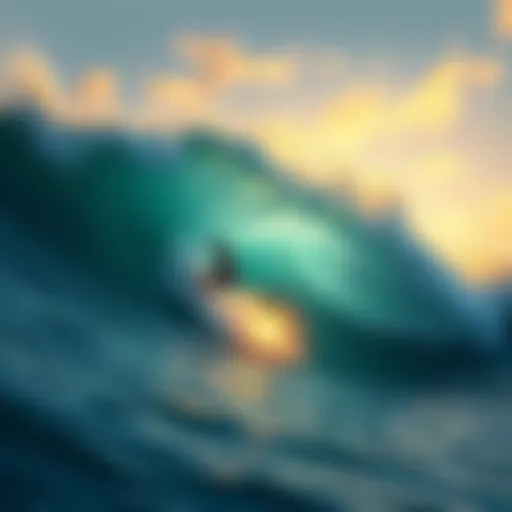 A surfer riding a massive wave, embodying the spirit of adventure and youth culture, inspired by Johnny Tsunami.