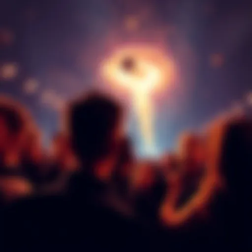 A crowd looking up with surprised expressions as something unexpected happens in the sky.