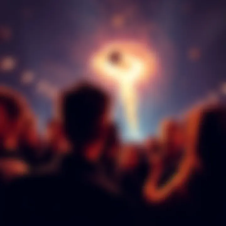 A crowd looking up with surprised expressions as something unexpected happens in the sky.