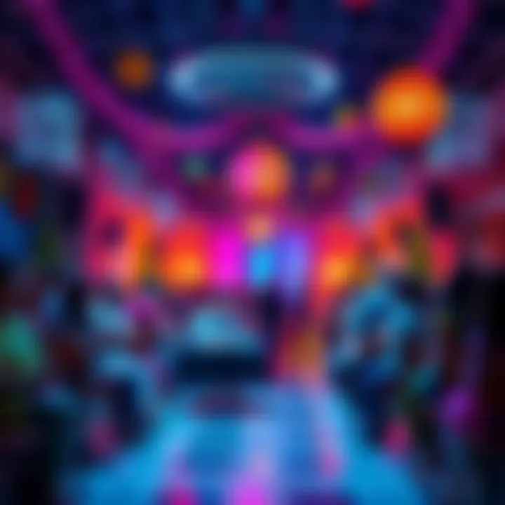 A festive gathering showcasing various new items and surprises for attendees, with colorful decorations and excitement in the air.
