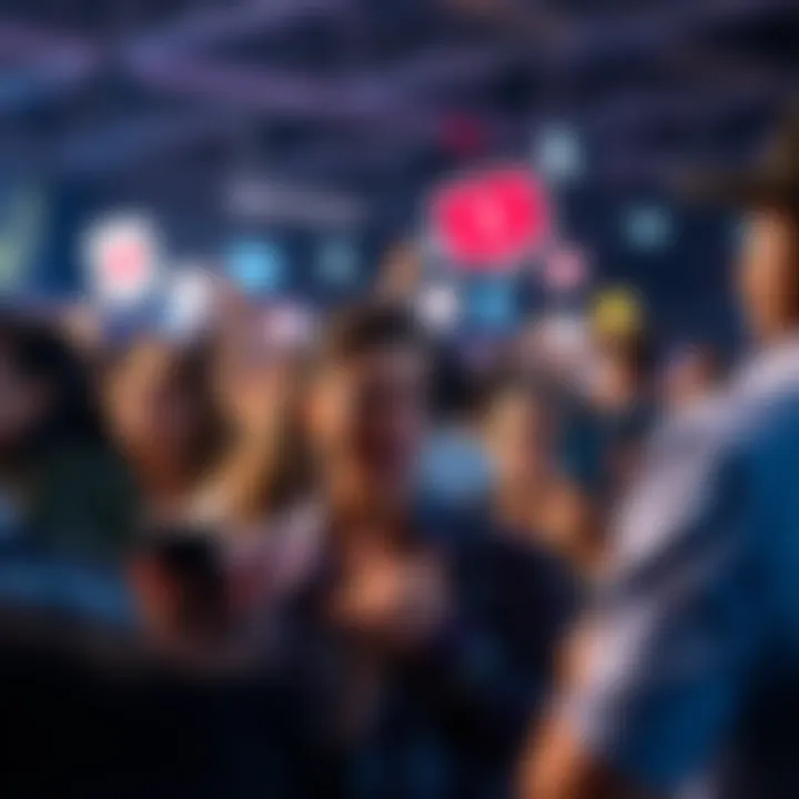 A crowd looking surprised and curious, holding phones and discussing the recent event, with social media icons in the background.