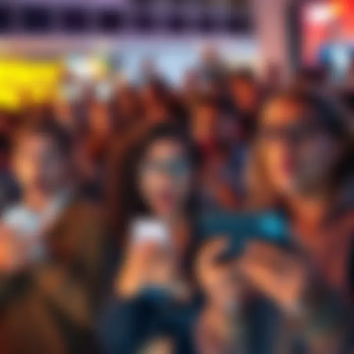 A diverse group of people looking shocked and excited while using their phones, reacting to breaking news on social media.