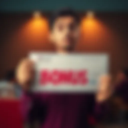 A person looking surprised while holding a check labeled bonus after unexpected news