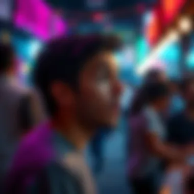 A person with a surprised expression gazing at an unexpected happening in a vibrant setting