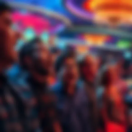 A vibrant casino floor filled with people, showcasing various expressions of surprise and excitement during unexpected events.