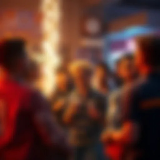 A group of people discussing unexpected events in a lively setting