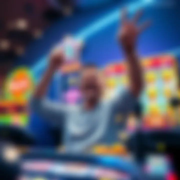 A player celebrating a big win in a colorful slot game with bright symbols and lights