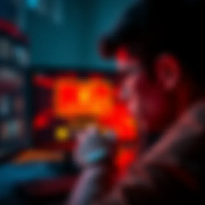 Suspicious Game Invitation A person looking at a computer screen with a mysterious game invitation, showing concern and curiosity.