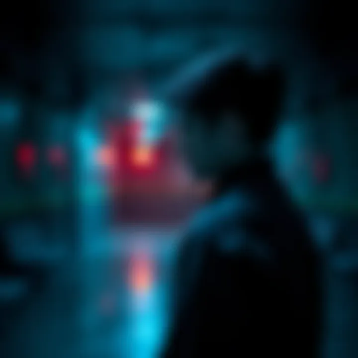 A person looking over their shoulder, displaying signs of anxiety in a dimly lit area.