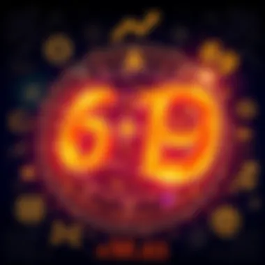 An artistic representation of the number 69 surrounded by cultural symbols and mathematical patterns