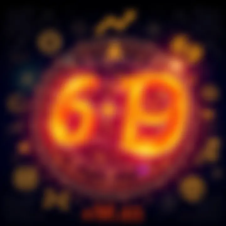 An artistic representation of the number 69 surrounded by cultural symbols and mathematical patterns