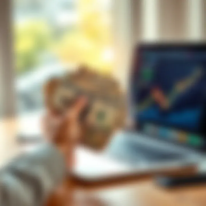 A person holding T-Bills while looking at a laptop displaying financial graphs, symbolizing smart investing and financial discipline.