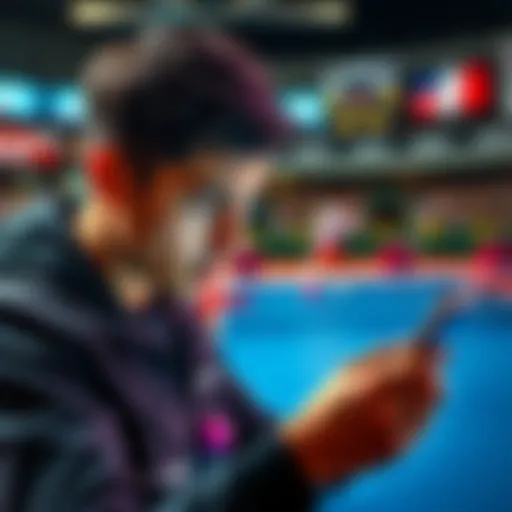 A person looking concerned while checking betting odds on a smartphone, set against a background of a table tennis match.