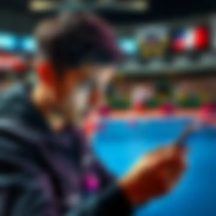 A person looking concerned while checking betting odds on a smartphone, set against a background of a table tennis match.