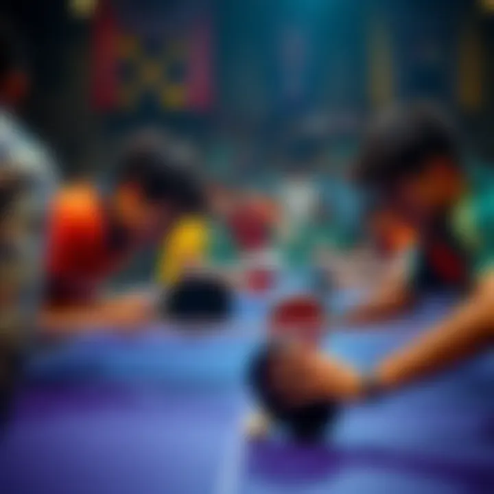 A tense moment during a table tennis match, showing players focused and competitive.