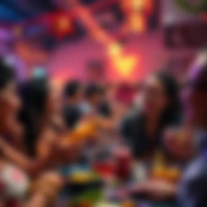 A lively gathering of people enjoying tacos at a festive event, with laughter and conversation in the air