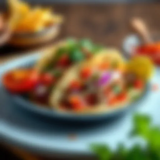 A taco filled with various colorful ingredients on a plate, with garnishes and a side of salsa.