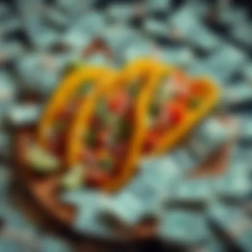 A plate of tacos surrounded by scattered dollar bills, highlighting high costs of tacos