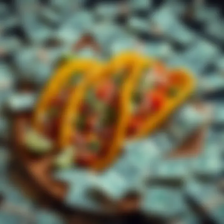 A plate of tacos surrounded by scattered dollar bills, highlighting high costs of tacos