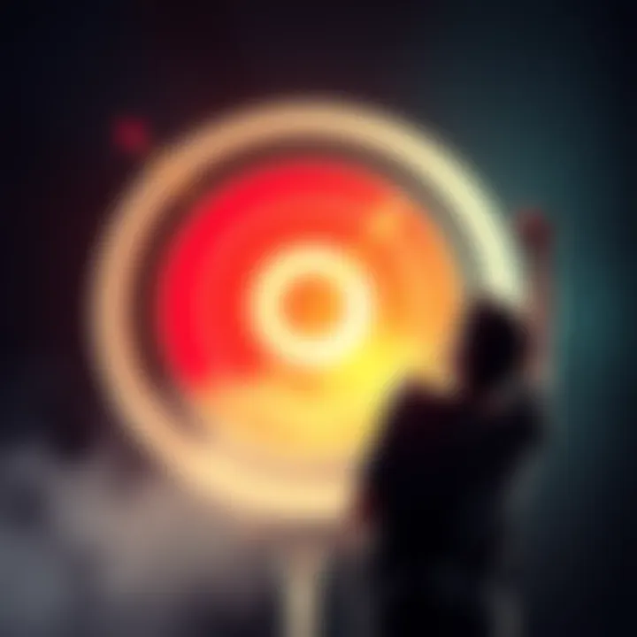 A person celebrating reaching their goal with a target in the background
