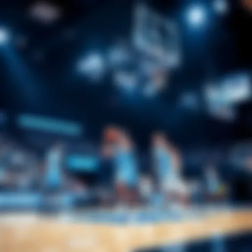 Tar Heels basketball team playing during a paused game, with players in action and fans in the stands.